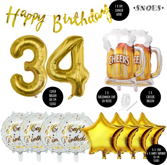 34 Jaar Verjaardag Cijfer ballon Mannen Bier - Feestpakket Snoes Ballonnen Cheers & Beers - Herman