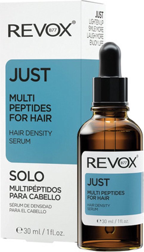 Fles en doosje Revox Just Multi Peptides for Hair met Spaanse tekst.