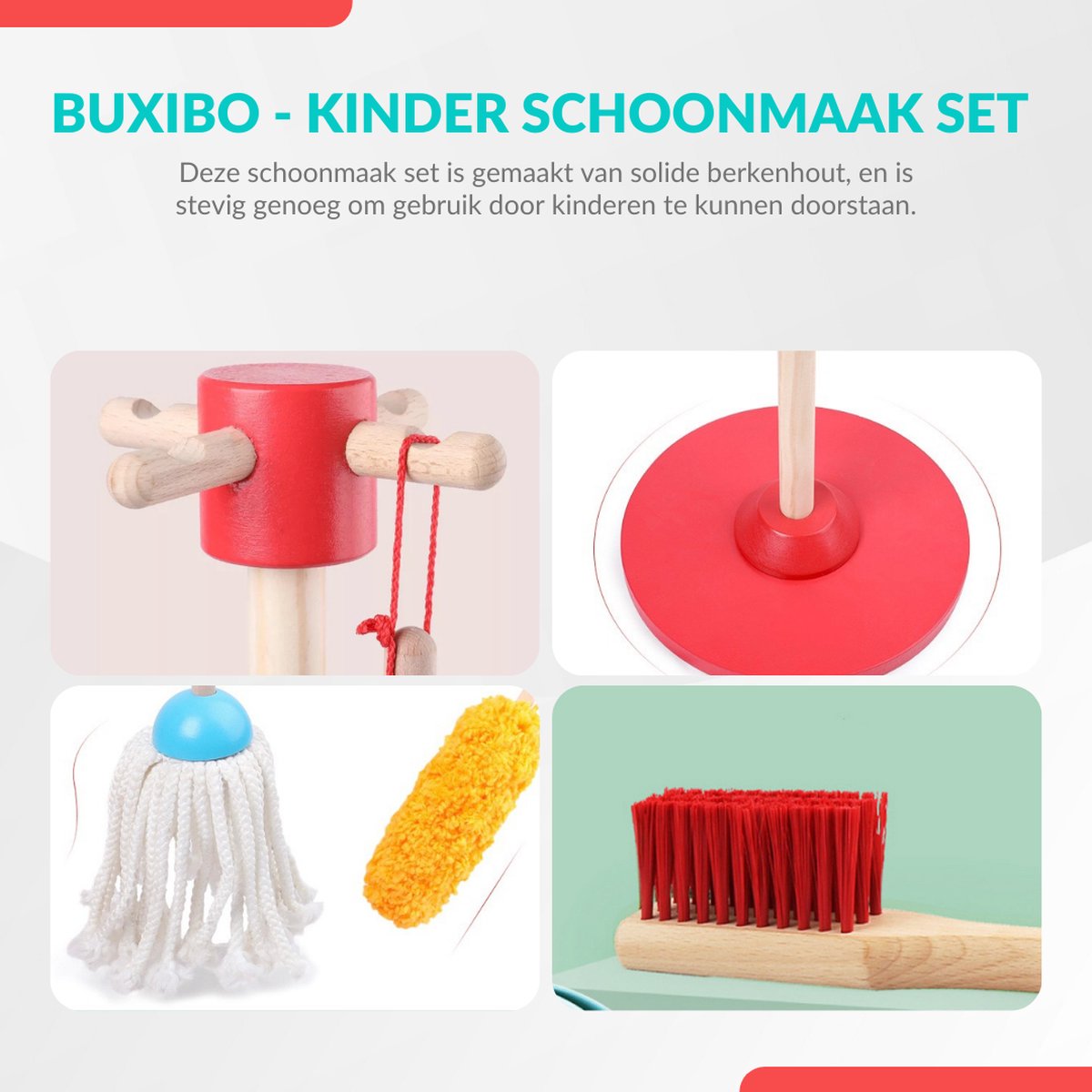 Buxibo Kinder Schoonmaak Set - Houten Huishoudelijke Gereedschap - Mini Bezem, Stoffer, Mop - Montessori Speelgoed - Multicolor — afbeelding 11