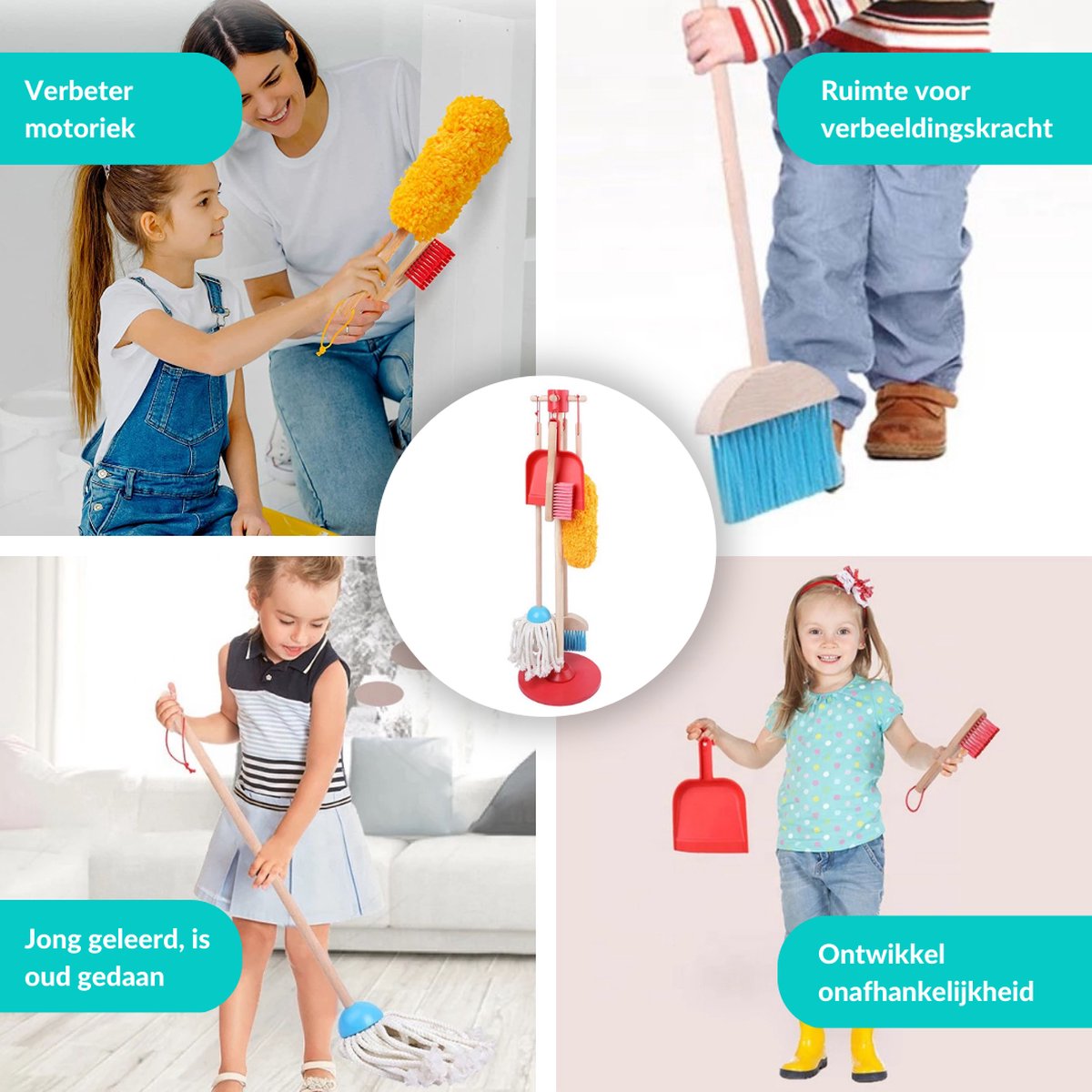 Buxibo Kinder Schoonmaak Set - Houten Huishoudelijke Gereedschap - Mini Bezem, Stoffer, Mop - Montessori Speelgoed - Multicolor — afbeelding 3