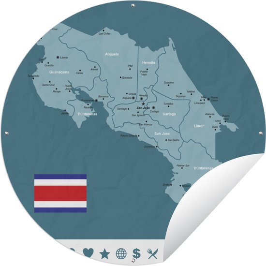 Tuincirkel Illustratie van een kaart van Costa Rica met pictogrammen - 60x60 cm - Ronde Tuinposter - Buiten