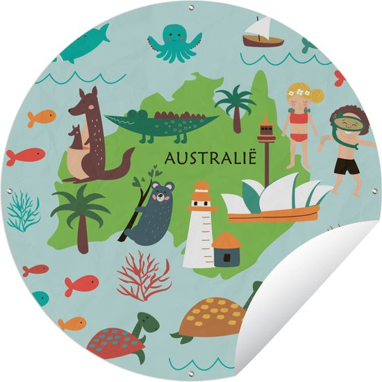 Tuincirkel Wereldkaart Kinderen - Australië - Dieren - 150x150 cm - Ronde Tuinposter - Buiten