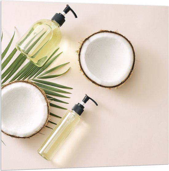 Acrylglas - Cosmetica Flesjes met Palmblad en Kokosnoten - 100x100 cm Foto op Acrylglas (Met Ophangsysteem)