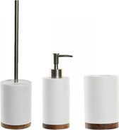 Items Toiletborstel met houder - beker/zeeppompje 300 ml - wit/hout