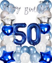 Snoes Ballonnen 50 Jaar Set Mega Blauw Zilver Ballon - Compleet Feestpakket Cijferballon 50 Jaar - Verjaardag Versiering Slinger Happy Birthday – Folieballon – Latex Ballonnen - Helium Ballonnen