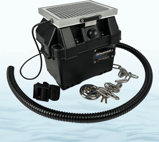 Foto: Hoosmaat v2 automatische bilgepomp lenspomp op zonne energie met afneembaar zonnepaneel inclusief rvs veiligheidsketting en discusslot 45 ltr min 2 700 ltr uur nederlands product 
