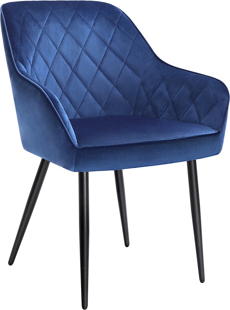 Eetkamerstoel - Gestoffeerde stoel - Met armleuningen - Metalen poten - Bekleding van fluweel - Blauw