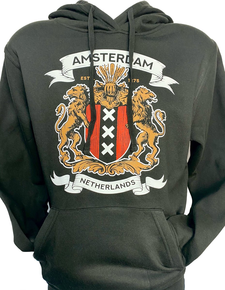 Hooded Sweater - Met Trekkoord - Capuchon - Chill - Trui - Vest - met capuchon - Outdoor - Schild - Wapen - Discover - Leeuwen - 1275 -Amsterdam - Zwart - Maat S