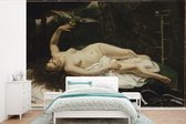 Behang - Fotobehang Vrouw met een papegaai - Schilderij van Gustave Courbet - Breedte 330 cm x hoogte 220 cm