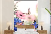 Behang - Fotobehang Vlinders - Bloemen - Hortensia - Insecten - Breedte 160 cm x hoogte 240 cm