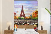 Behang - Fotobehang Schilderij - Olieverf - Eiffeltoren - Parijs - Water - Breedte 180 cm x hoogte 280 cm