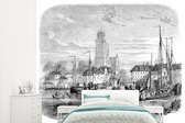 Behang - Fotobehang Een antieke zwart-wit illustratie van Dordrecht - Breedte 265 cm x hoogte 220 cm