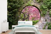 Behang - Fotobehang Doorkijk - Sakura - Bloesem - Japans - Breedte 420 cm x hoogte 280 cm