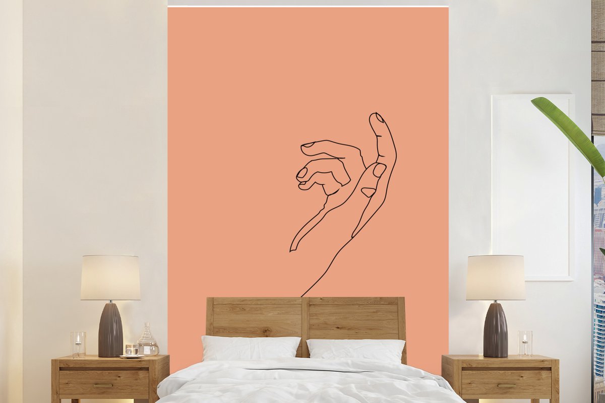 Behang - Fotobehang Line art - Hand - Oranje - Breedte 200 cm x hoogte 300 cm