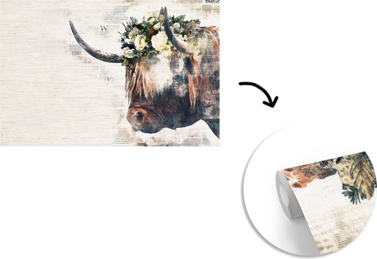 Behang - Fotobehang Schotse hooglander - Koeien - Bloemen - Breedte 390 cm x hoogte 260 cm