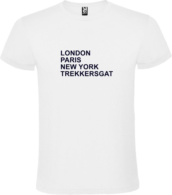 wit T-Shirt met London,Paris, New York , Trekkersgat tekst Zwart Size XXXXL