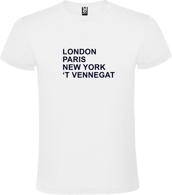 wit T-Shirt met London,Paris, New York , ’t Vennegat tekst Zwart Size S