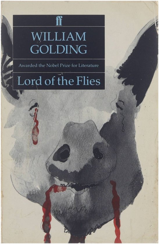 Couverture du livre 'Lord of the Flies' de William Golding avec une illustration détaillée d'une tête de cochon avec des gouttes de sang.