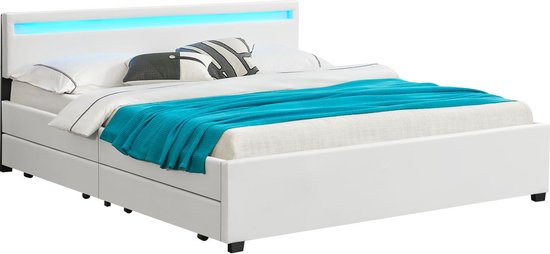Gestoffeerd Bed Lyon - 180 x 200 cm - Wit - LED Verlichting & Bedlades