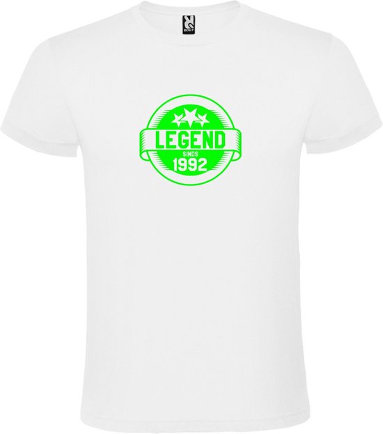 Wit T-Shirt met “Legend sinds 1992 “ Afbeelding Neon Groen Size S