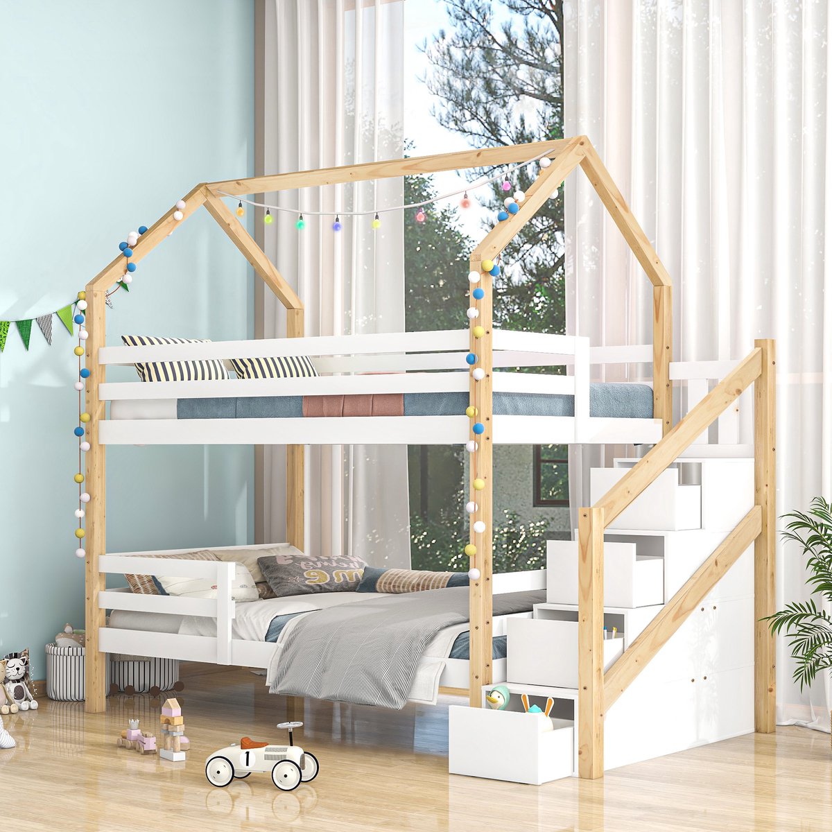 Lit superposé, lit en bois avec escalier protection contre les chutes et  barrière, cadre en pin, , lit d'enfant Naturel 90x200 cm