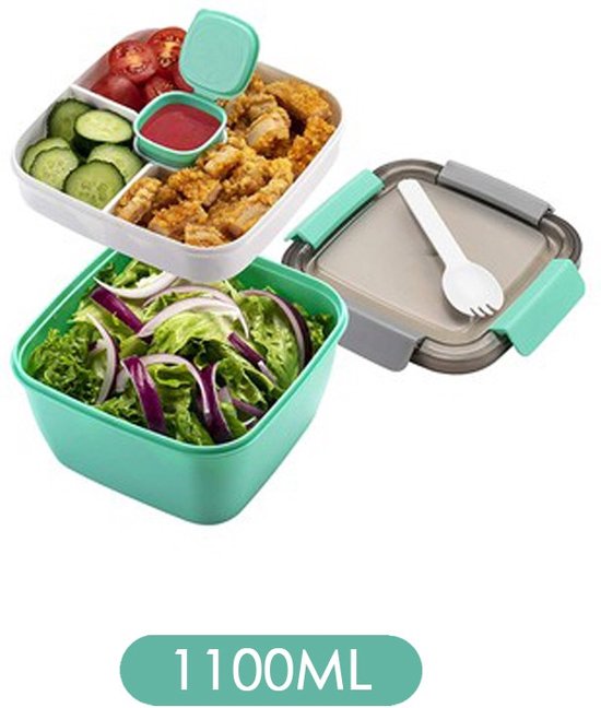 Salade Lunchbox 1.1L Turquoise Lunchbox met Vakjes Lunch Saladebox  Broodtrommel... | bol.com