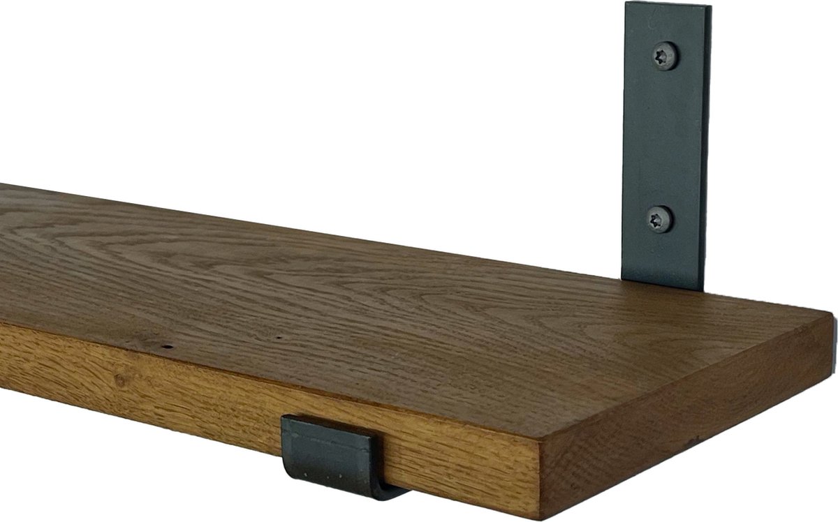 GoudmetHout Wandplank Industrieel - 50 x 20 cm Muurplank - Donker Eiken Hout - Decoratie Wandrek & Boekenrek - Hangplank Keuken - Wall Shelf + 2 Mat Blanke Plankdragers van Staal
