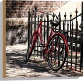 WallClassics - Hout - Rode fiets voor groen Hek - 50x50 cm - 9 mm dik - Foto op Hout (Met Ophangsysteem)