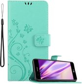 Cadorabo Hoesje geschikt voor LG K10 2017 in BLOEMEN TURKOOIS - Beschermhoes in bloemmotief met magnetische sluiting, standfunctie en kaartsleuven Book Case Cover Etui