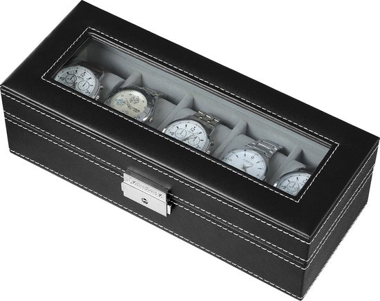 Horloge houder - Horlogebox - Rechthoekige - Voor 5 horloges - Glazen deksel - Zwart