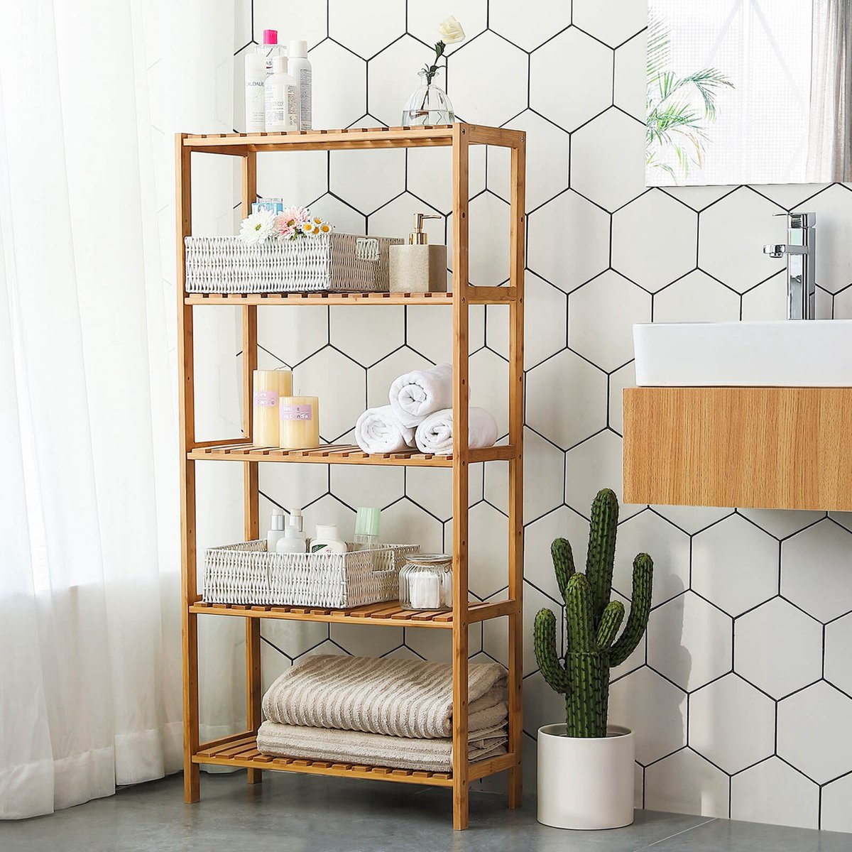 DuneDesign 100% Bamboe Badkamerplank met 3 Houtmanden - 30x26x78 Houten Plank - Keuken en Badkamer