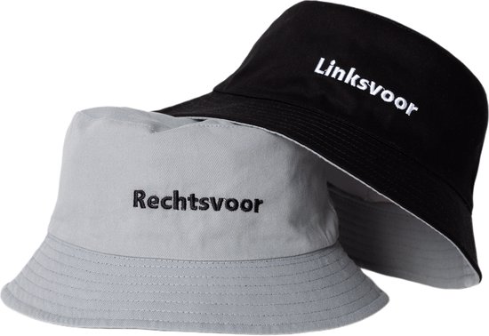 Reversible bucket hat - mybuckethat - linksvoor rechtsvoor - grijs/zwart - vissershoedje - katoen - geborduurd