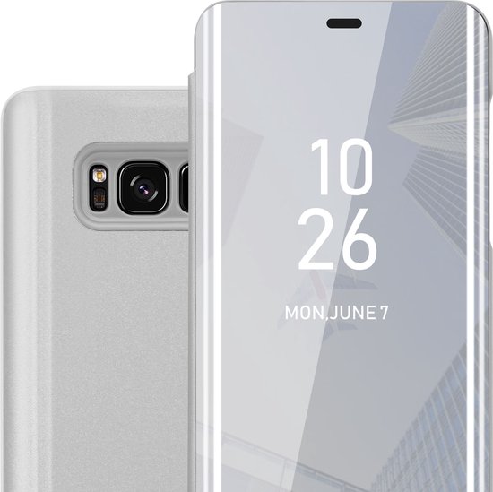 Cadorabo Hoesje geschikt voor Samsung Galaxy S8 in AGAAT ZILVER - Clear View Spiegel Beschermende Case met Tribunefunctie 360 Graden Bescherming Book Case Cover Etui