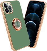 Cadorabo Hoesje voor Apple iPhone 12 PRO in Glossy Licht Groen - Goud met ring - Beschermhoes van flexibel TPU-silicone Case Cover met camerabescherming en magnetische autohouder