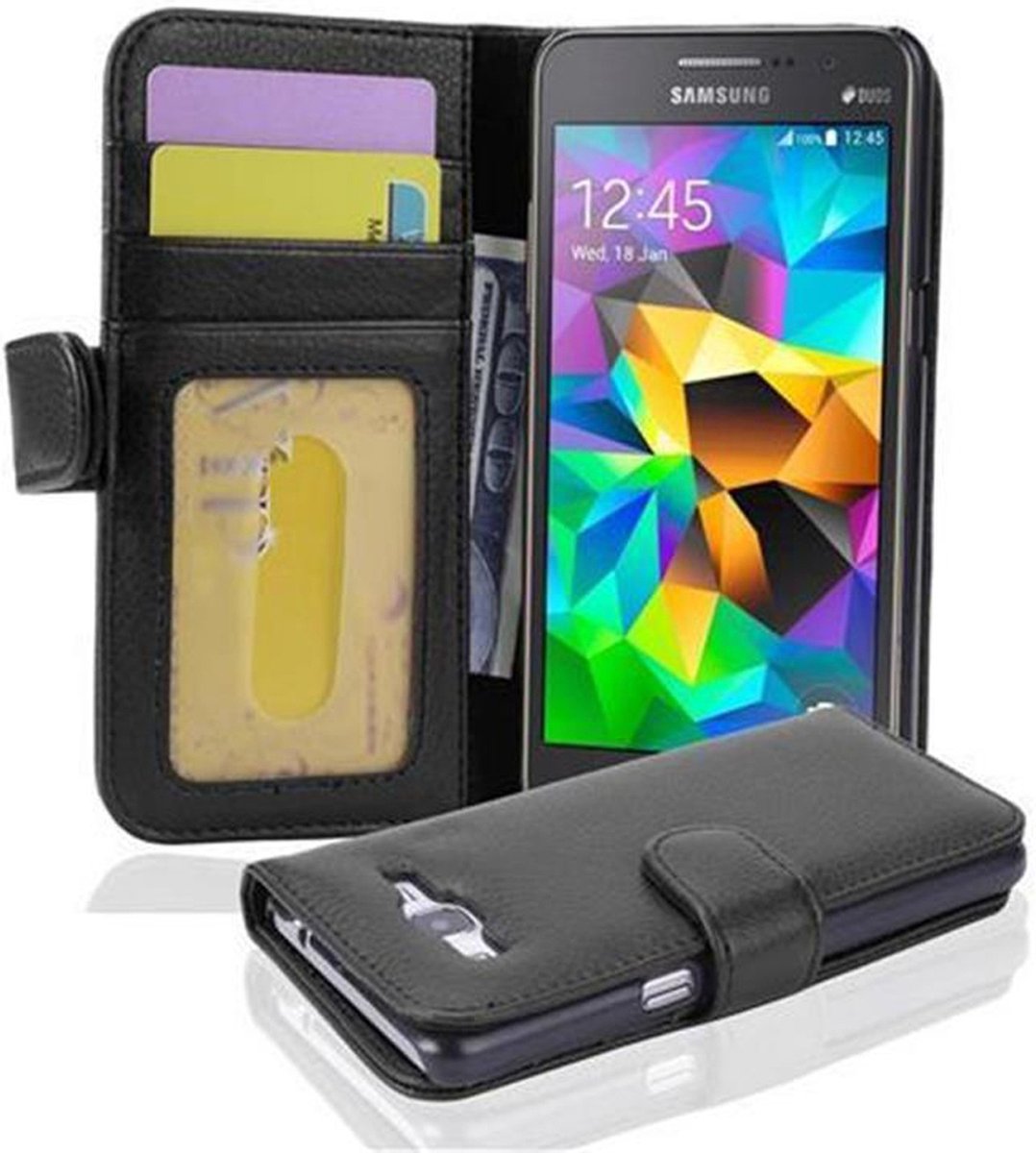 Cadorabo Hoesje voor Samsung Galaxy GRAND PRIME in ZWARTE OXIDE - Beschermhoes met magnetische sluiting en 3 kaartsleuven Book Case Cover Etui
