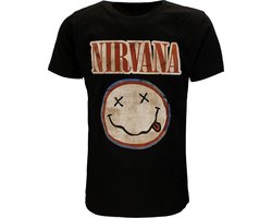 Nirvana Distressed Logo Smiley T-Shirt - Officiële Merchandise - M