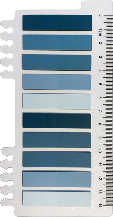 Een reeks blauwtinten indexlabels op een liniaal met markeringen.