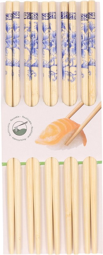 Concorde Sushi eetstokjes - 5x setjes - bamboe hout - bloemen print - 24 cm - Concord