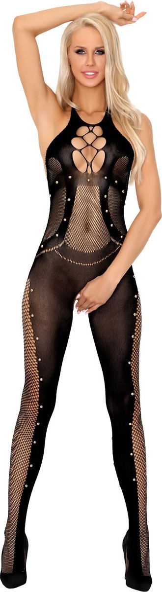 Livco Corsetti - Erotische Bodystocking / Catsuit met Open Kruis - Sexy Lingerie - Erotische Lingerie - Maat S t/m L - Ilean - Zwart - S/M