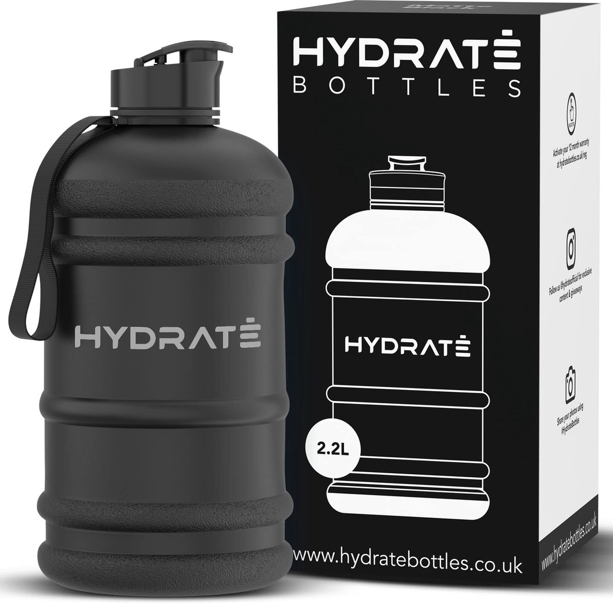 Hydrate® Drinkfles / Waterfles met rietje - 2,2L met Easy Drink Cap - duurzaam en BPA-vrij - ideaal voor sport, buitenactiviteiten en kantoor - Mat Zwart