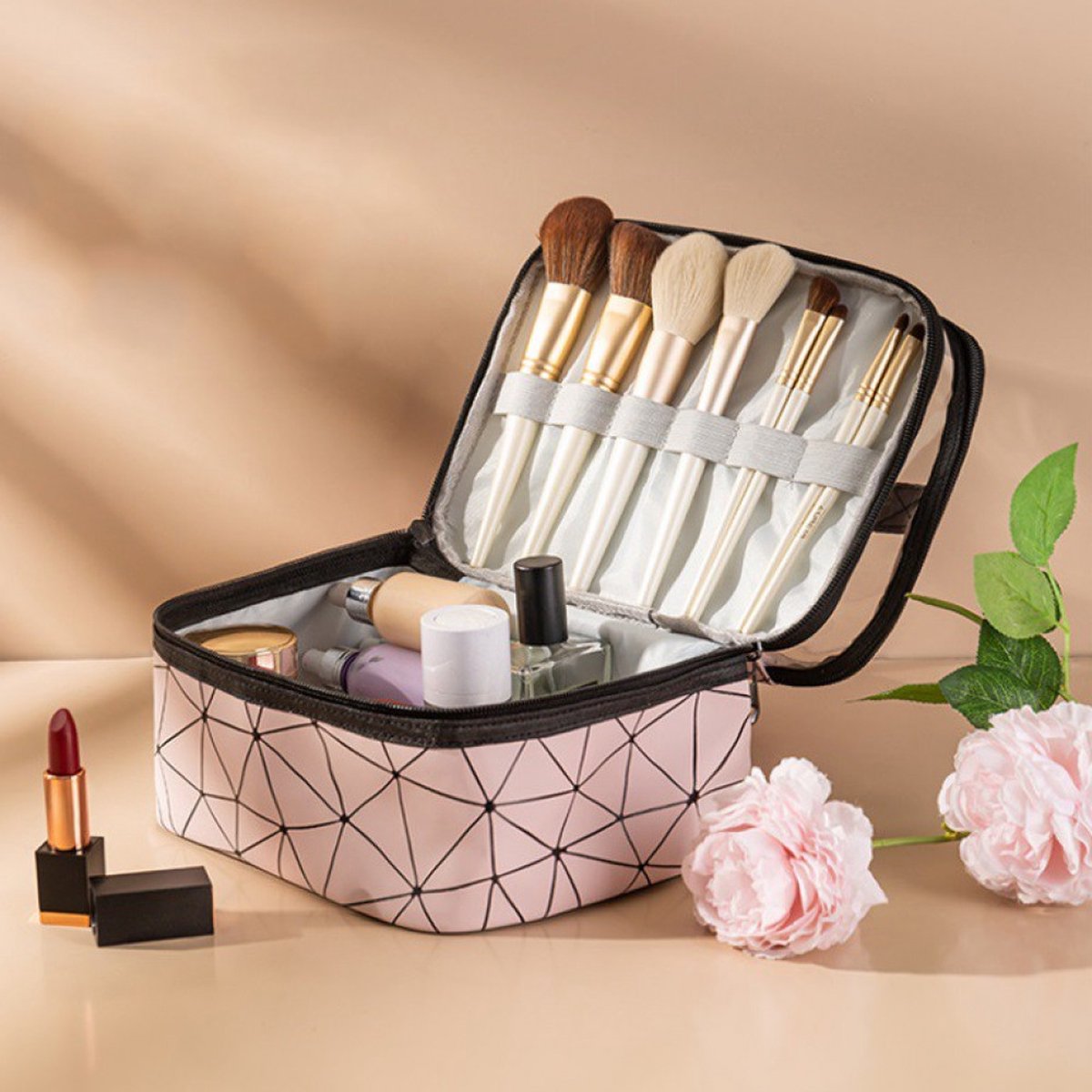 Toilettas Roze, Makeup tas, Reistasje, Beautycase, Opvouwbare toilettas