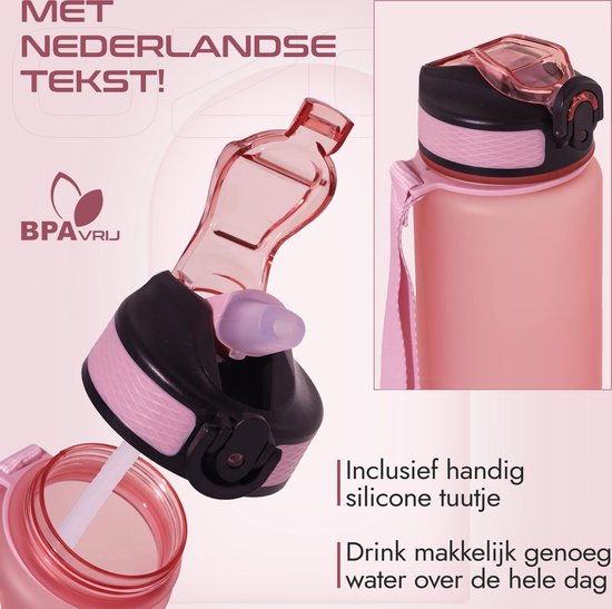 Gluxury Luxe Motivatie Waterfles - Nederlandse Tekst - Drinkfles met Rietje - 1 Liter Drinkfles - Waterfles met Tijdmarkering - Inc E-book
