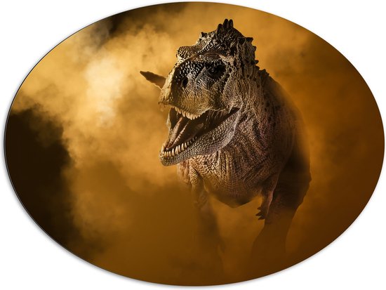 Dibond Ovaal - Angstaanjagend T-rex Dinosaurs vanuit Oranje Mist - 108x81 cm Foto op Ovaal (Met Ophangsysteem)