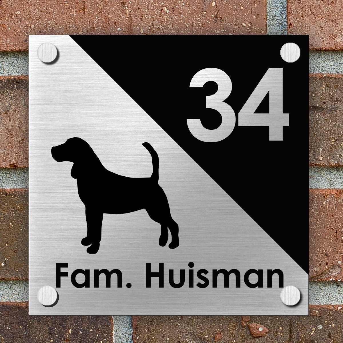 Naambordje voordeur Huis - Bord - Naam en Huisnummer - 15 x 15 cm - Brushed Aluminium - Hond