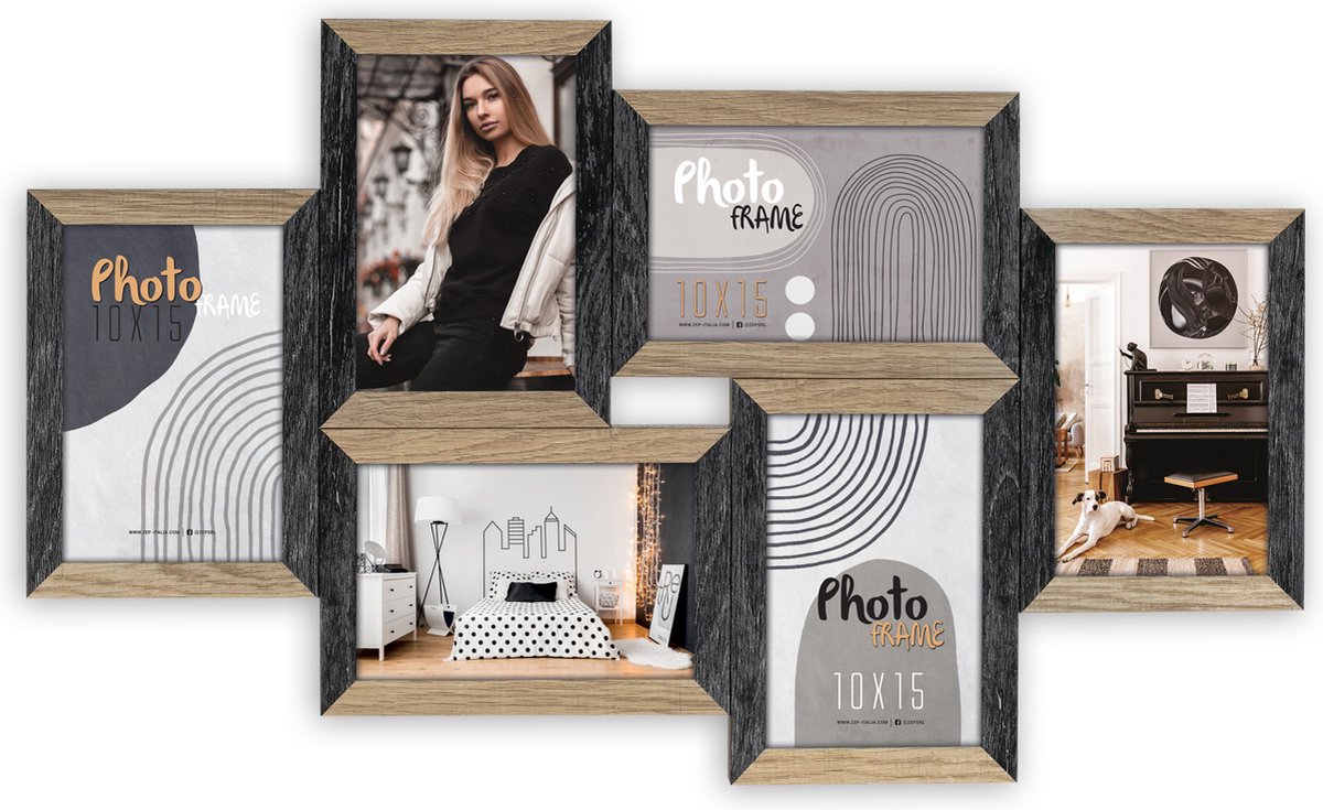 Zep Houten multi Fotolijst Vercelli in zwart en bruin voor 6 foto's 10x15 cm (afmeting 54 x 33 cm) - DN688B