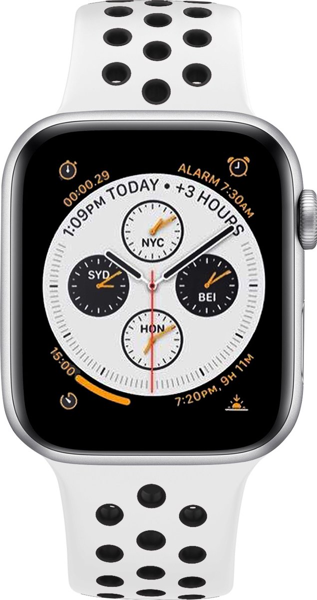 Strap-it Classic Sportbandje - Geschikt voor Apple Watch bandje - Series 1/2/3/4/5/6/7/8/9/10/11/SE/SE2/SE3 - Wit/Zwart - Siliconen bandje sport - Sport Loop iWatch bandje maat: 38 / 40 / 41 / 42mm