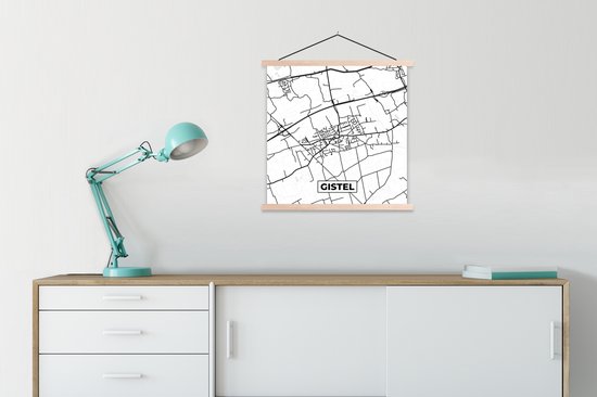 Porte-affiche avec affiche - Affiche scolaire - Carte - Gistel - Zwart et Wit - Plan de la ville - Carte - België - 60x60 cm - Lattes vierges