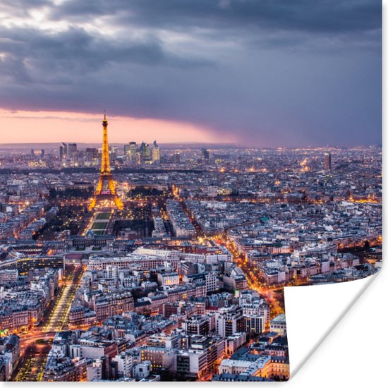 Twilight in Paris Skyline poster papier 75x75 cm - Tirage photo sur Poster (décoration murale salon / chambre) / Poster Europe