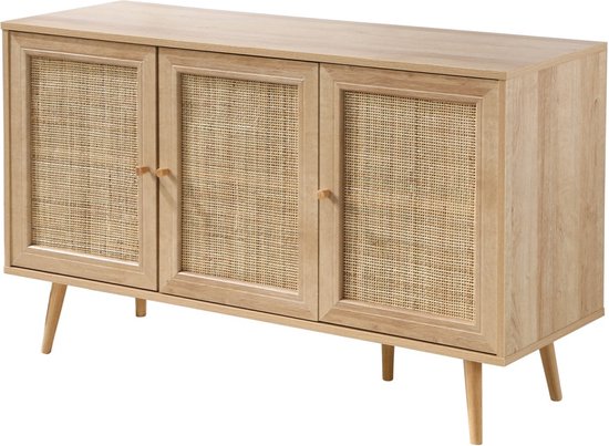 Calicsoy - Buffet - Meuble de Rangement - Meuble de Cuisine - Avec 3 Portes - Osier Rotin - 120 x 39 x H70 cm - Aspect Bois et Rotin