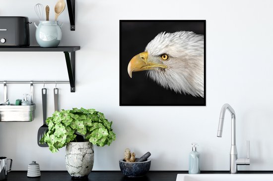 Photo en cadre - Gros plan d'un aigle sur fond noir Cadre photo noir sans passe-partout 40x40 cm - Affiche sous cadre (Décoration murale salon / chambre)